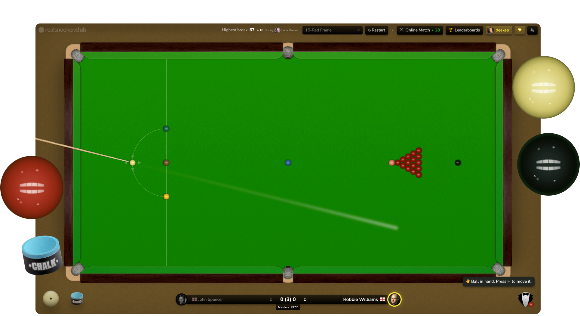 Screenshot of the gaming table of the RealSnooker.Club